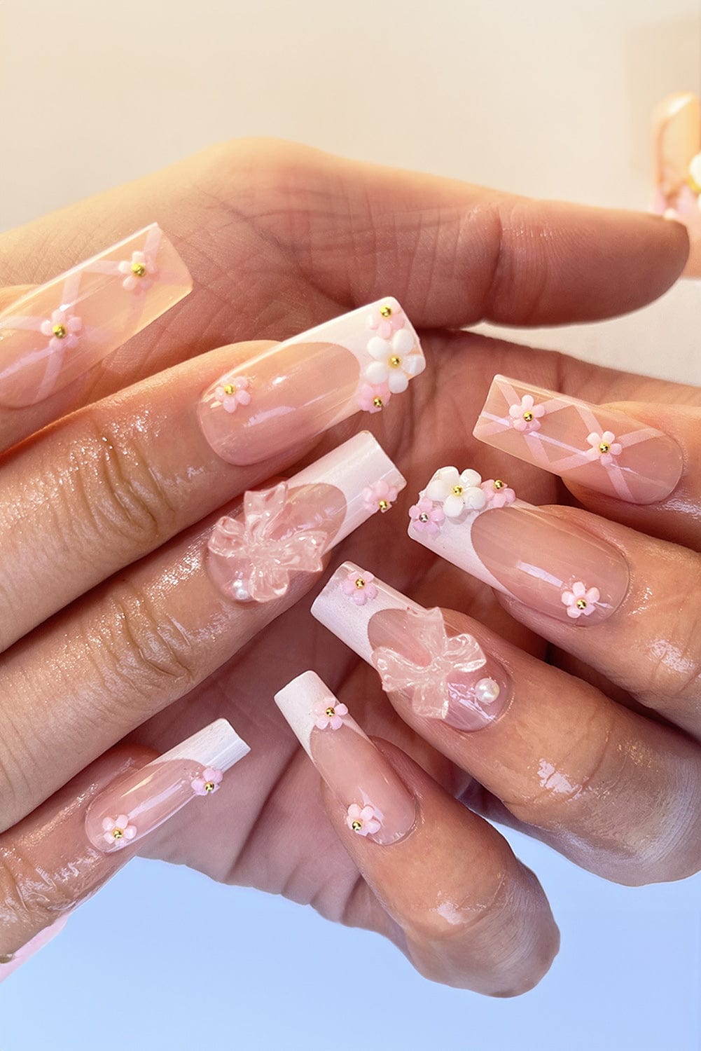 Elegant French Floral Bowknot Nail Sticker Set in Light Pink