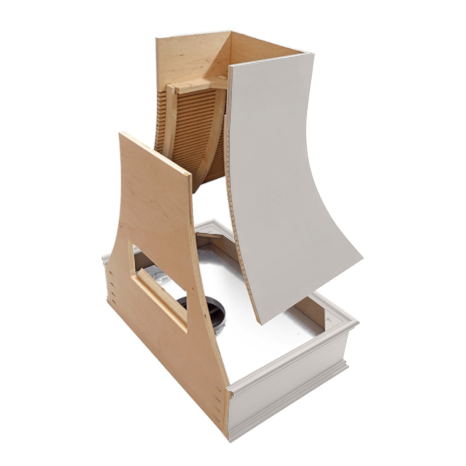 Campana extractora gris claro con frente curvo, flejes plateados y borde en forma de bloque: anchos disponibles de 30