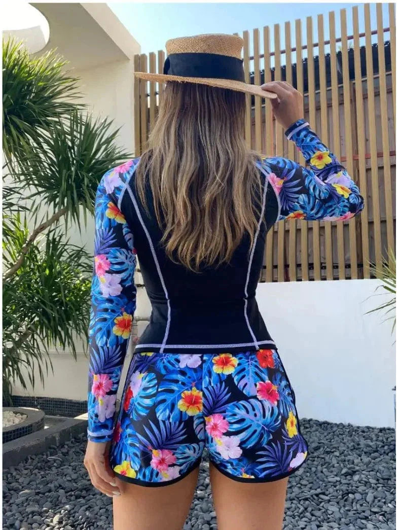 Long Sleeve Swimsuit and Shorts Set for Women