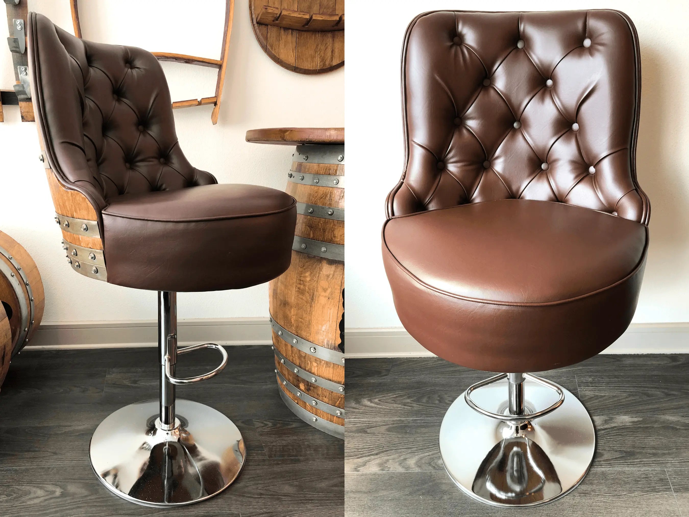 Taburete de bar de lujo de roble reciclado - Base hidráulica ajustable - Silla artesanal de roble reciclado - Asientos de bar y whisky - Decoración rústica para el hogar
