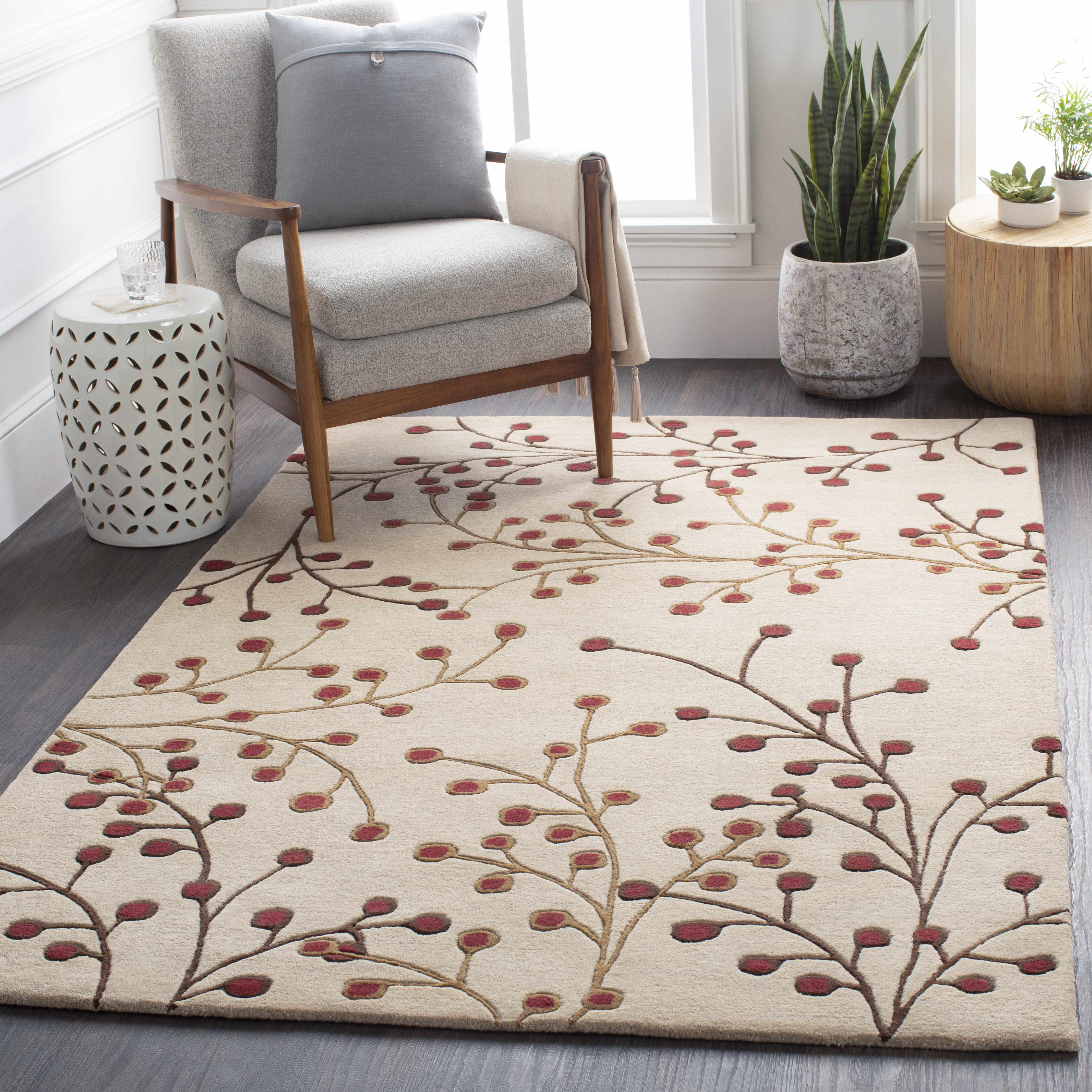 Elsu Beige & Burgandy Wool Rug