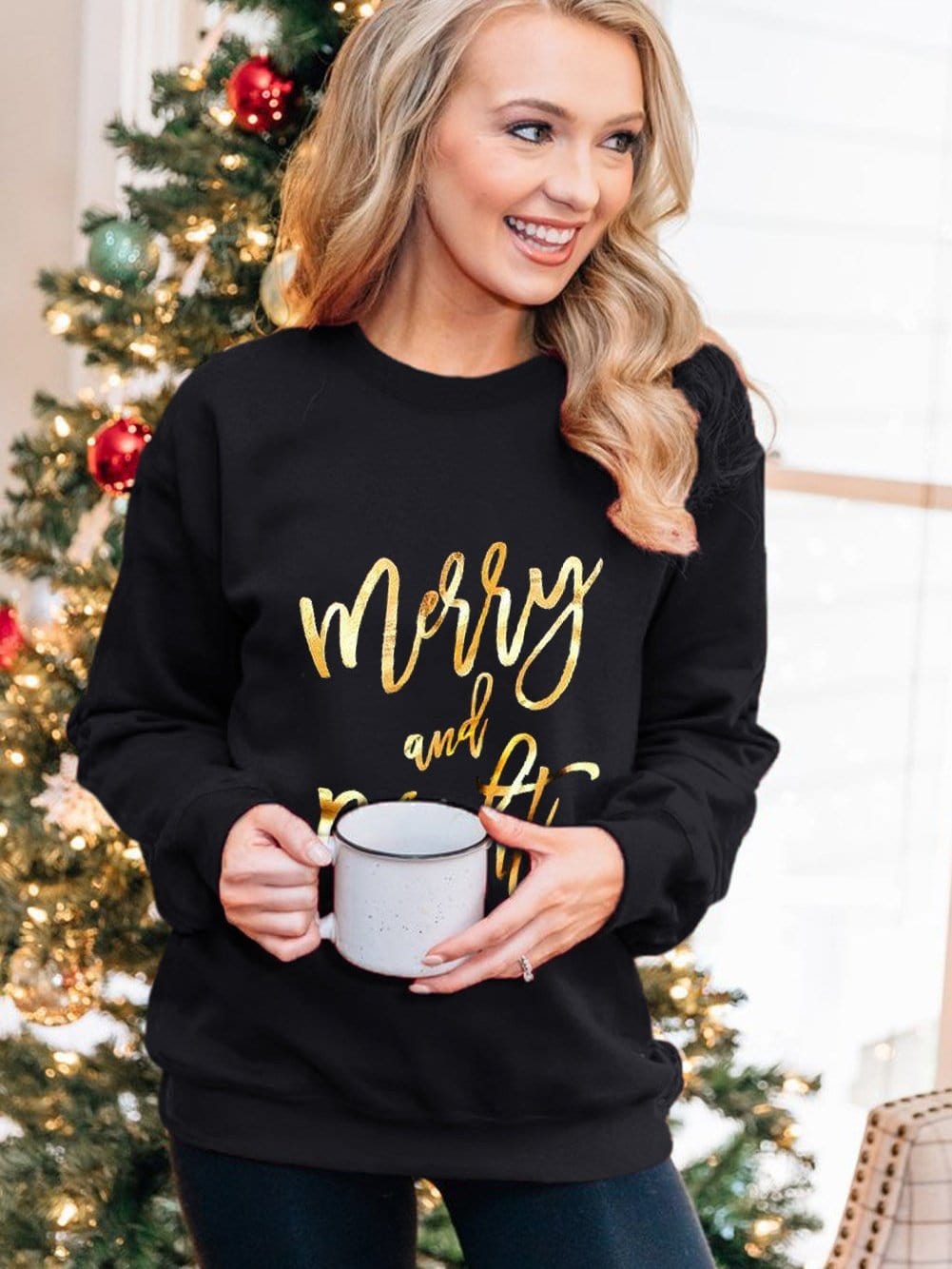 Merry & Bright Black Letter Print Sweater with Round Neck
