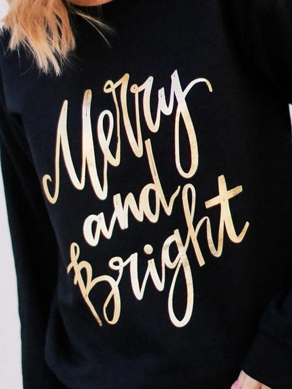 Merry & Bright Black Letter Print Sweater with Round Neck