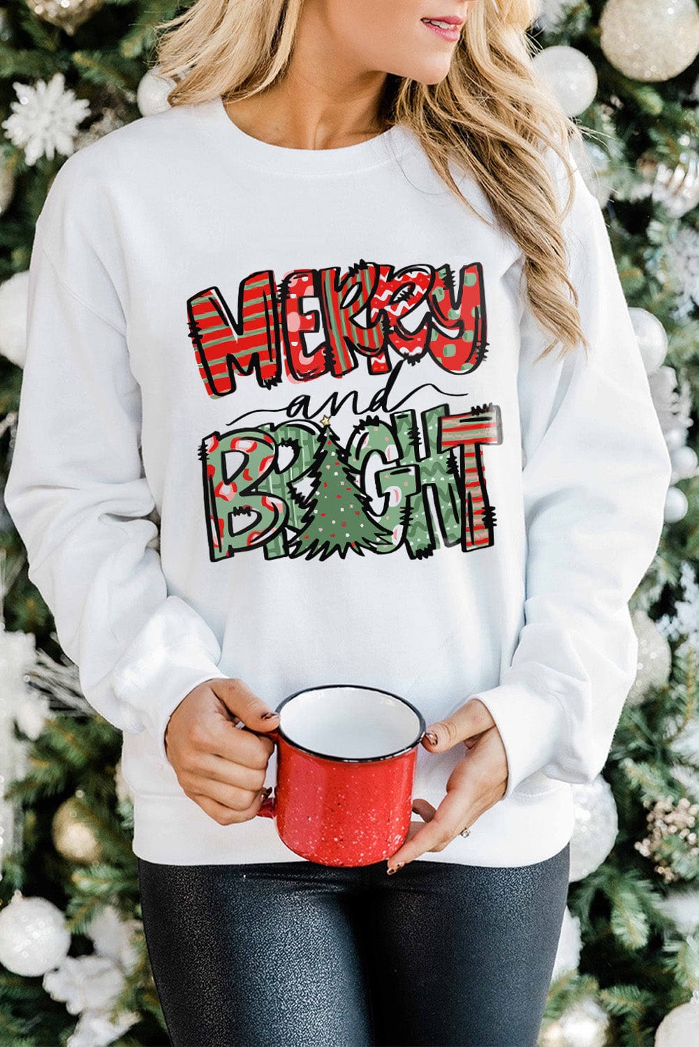 Merry Bright White Christmas Letter Print Graphic Sweater