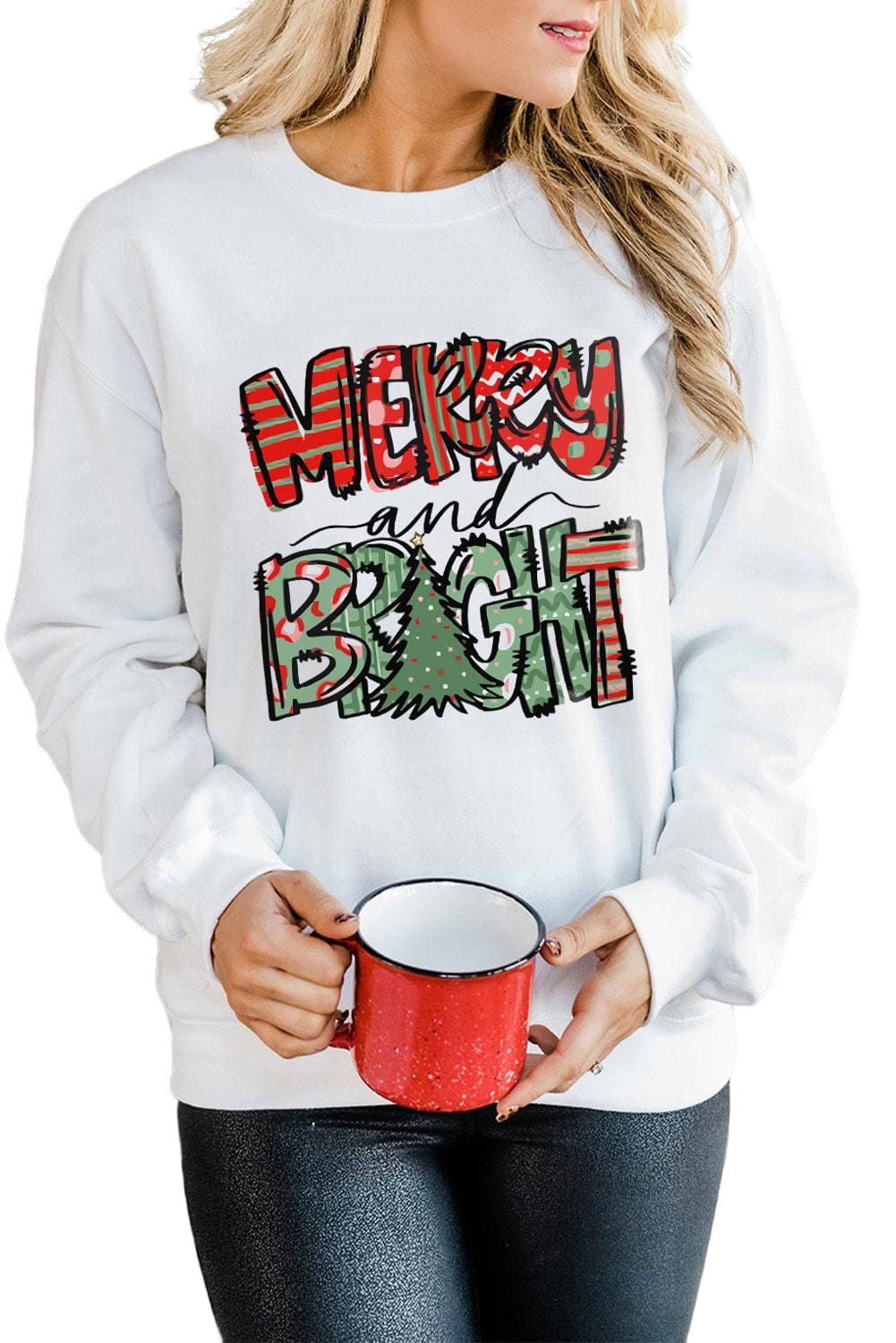 Merry Bright White Christmas Letter Print Graphic Sweater