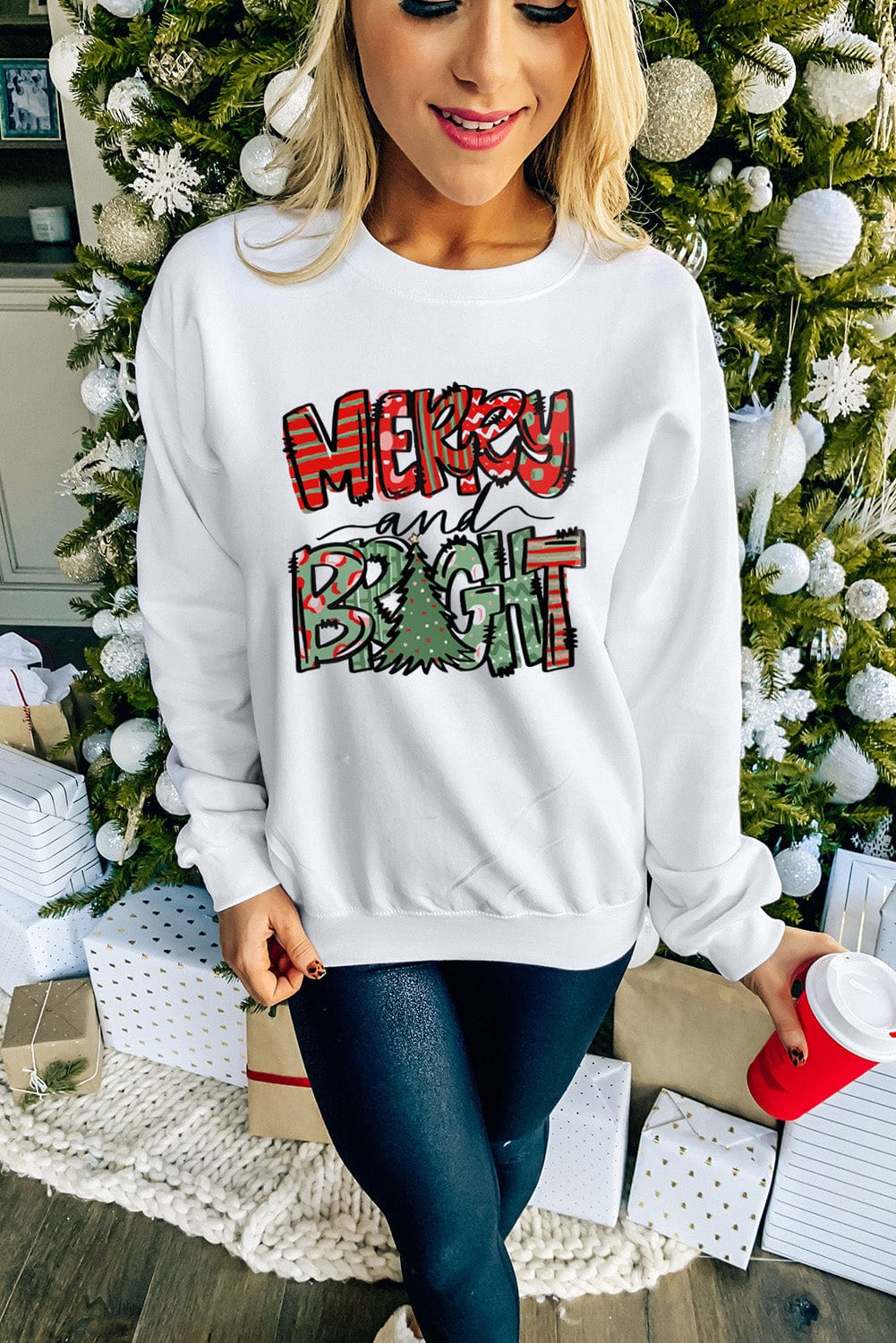 Merry Bright White Christmas Letter Print Graphic Sweater