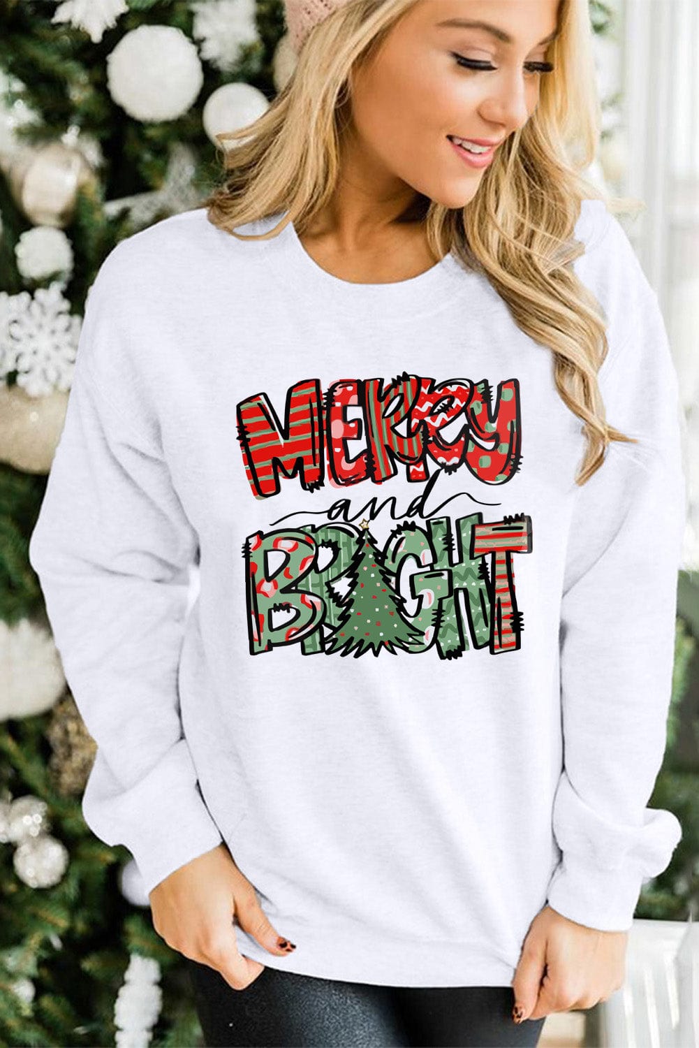 Merry Bright White Christmas Letter Print Graphic Sweater