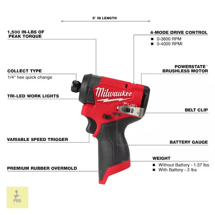 Atornillador de impacto hexagonal Milwaukee M12 FUEL™ de 1/4" - 12 V, batería de iones de litio, sin escobillas (solo herramienta) 3453-20
