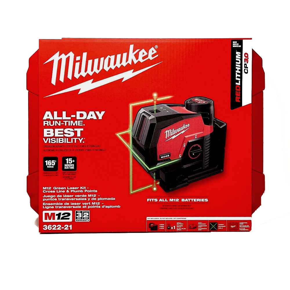 Kit láser de puntos de plomada y líneas cruzadas verdes Milwaukee 3622-21 M12