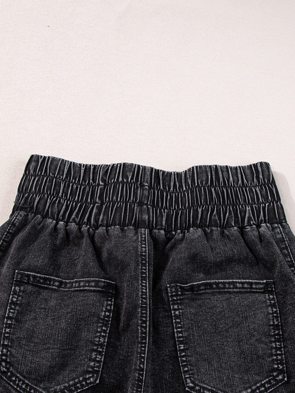 Mineral Black Smocked High Waist Denim Shorts