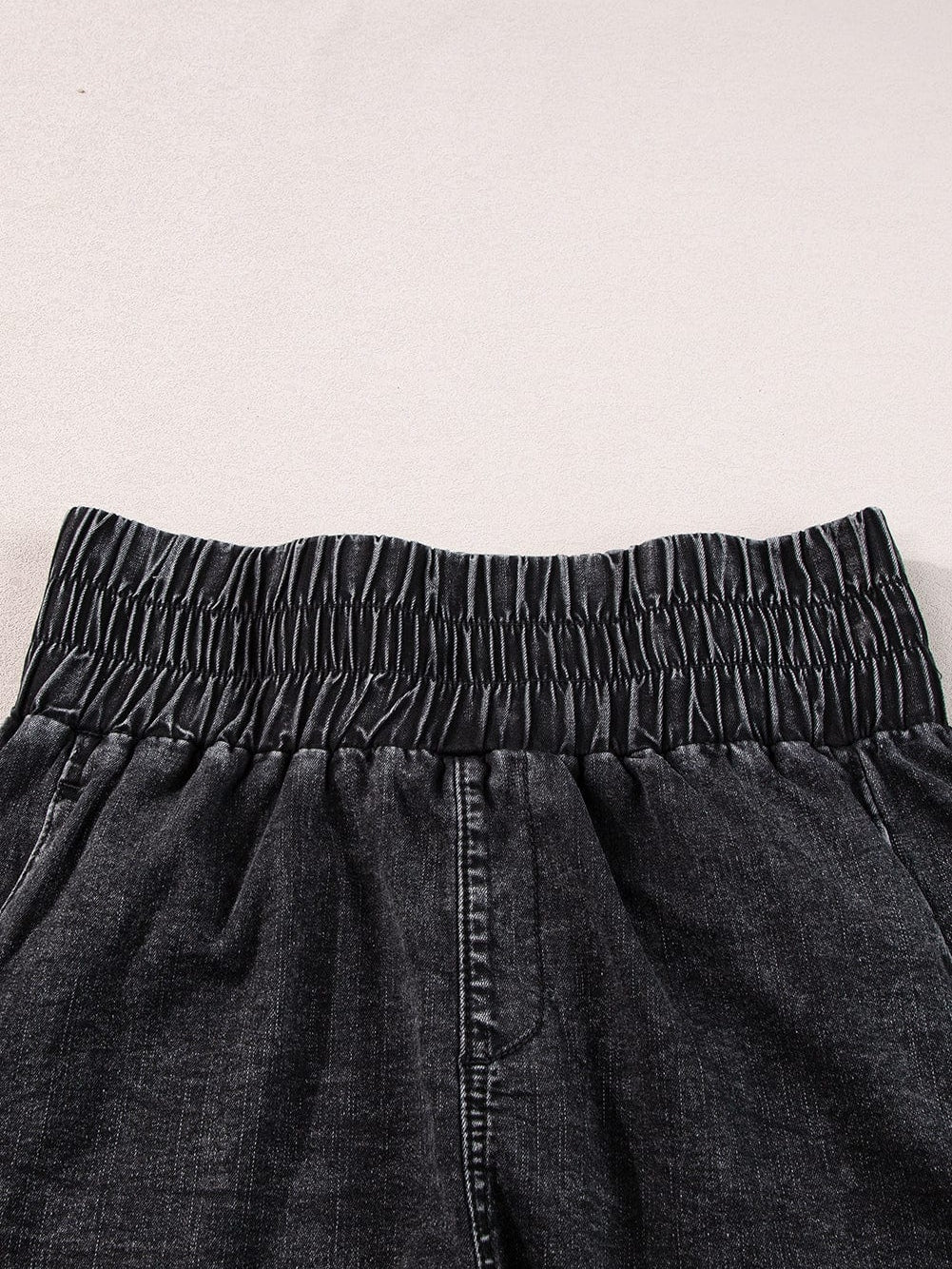 Mineral Black Smocked High Waist Denim Shorts