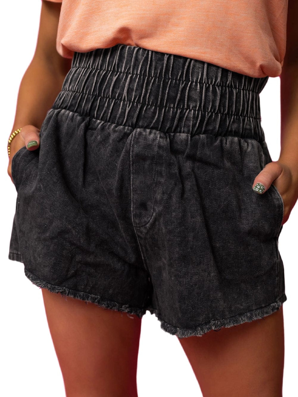 Mineral Black Smocked High Waist Denim Shorts