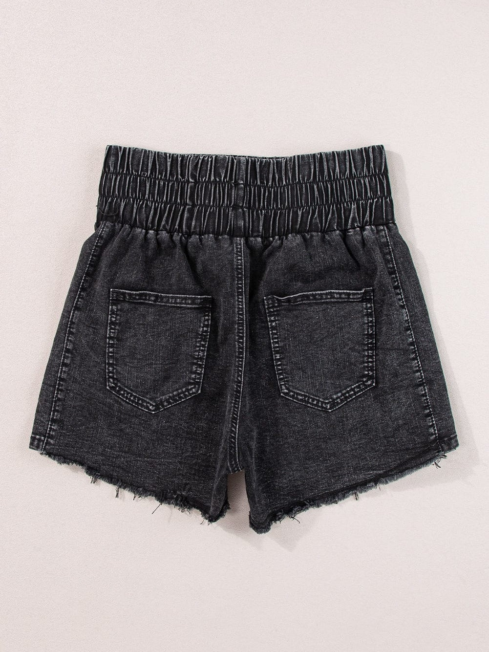 Mineral Black Smocked High Waist Denim Shorts
