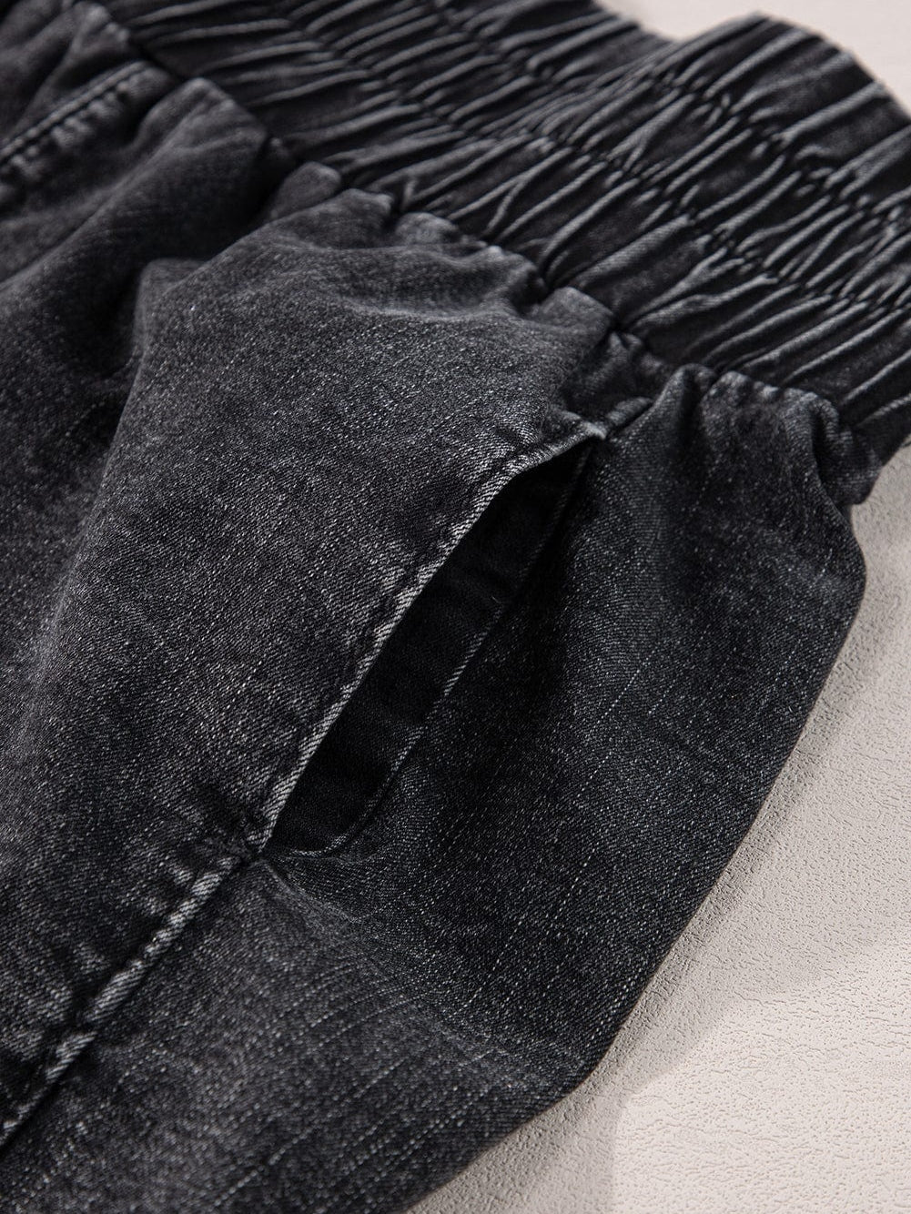 Mineral Black Smocked High Waist Denim Shorts