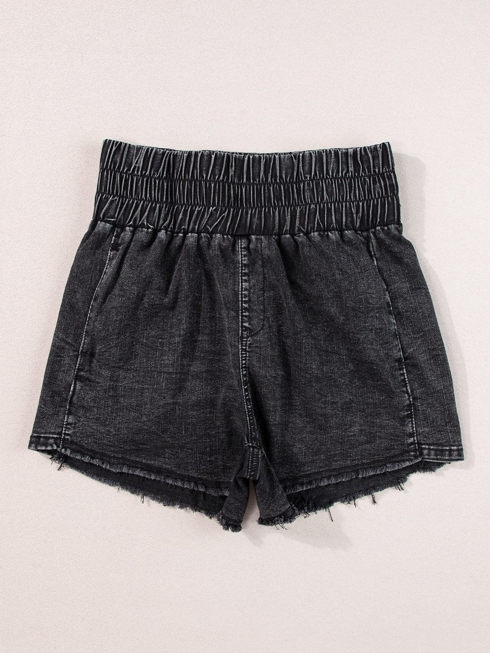 Mineral Black Smocked High Waist Denim Shorts