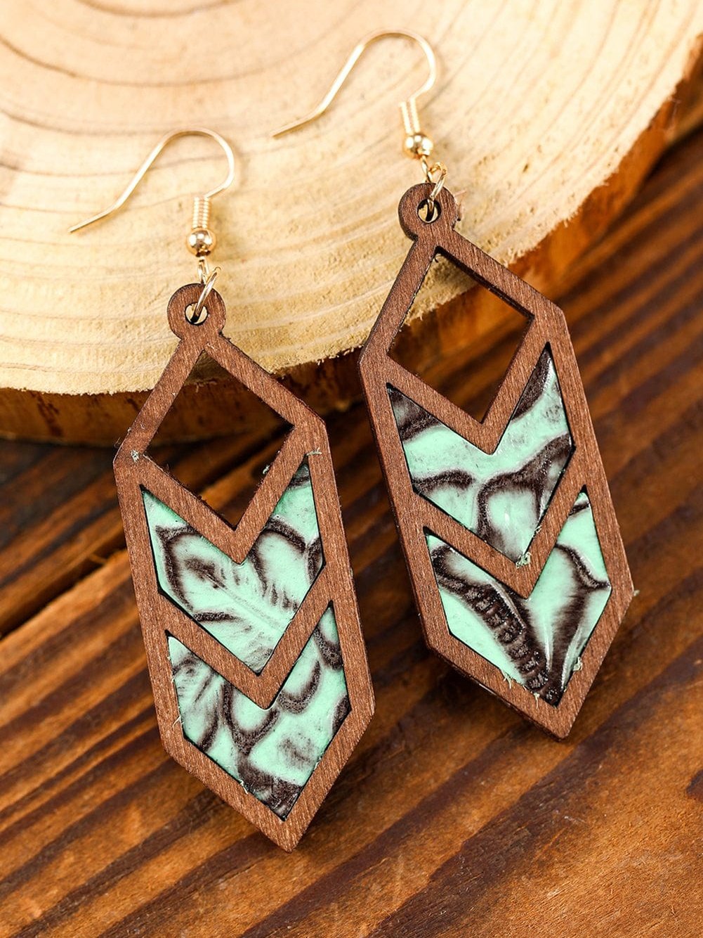 Mint Green Wooden Western Animal Print Hollowed Earrings