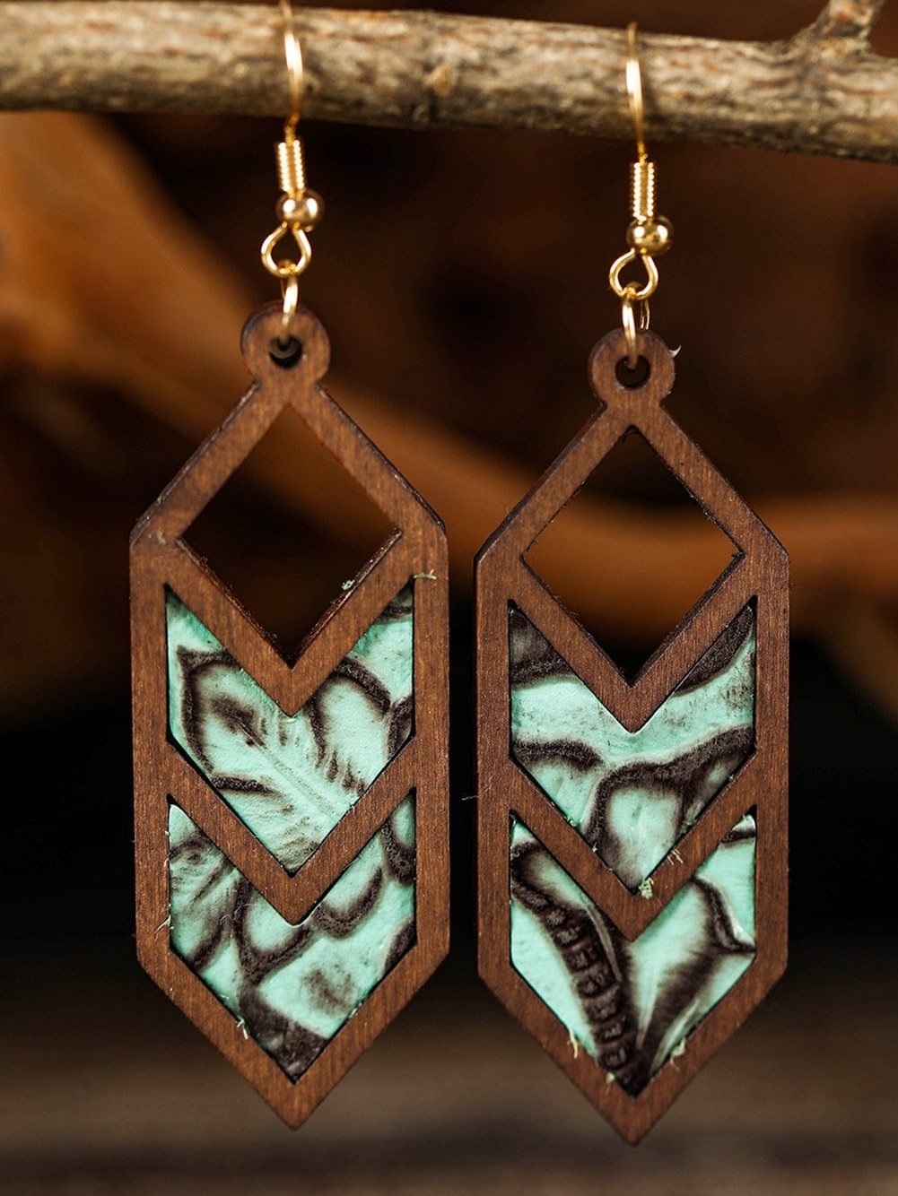 Mint Green Wooden Western Animal Print Hollowed Earrings