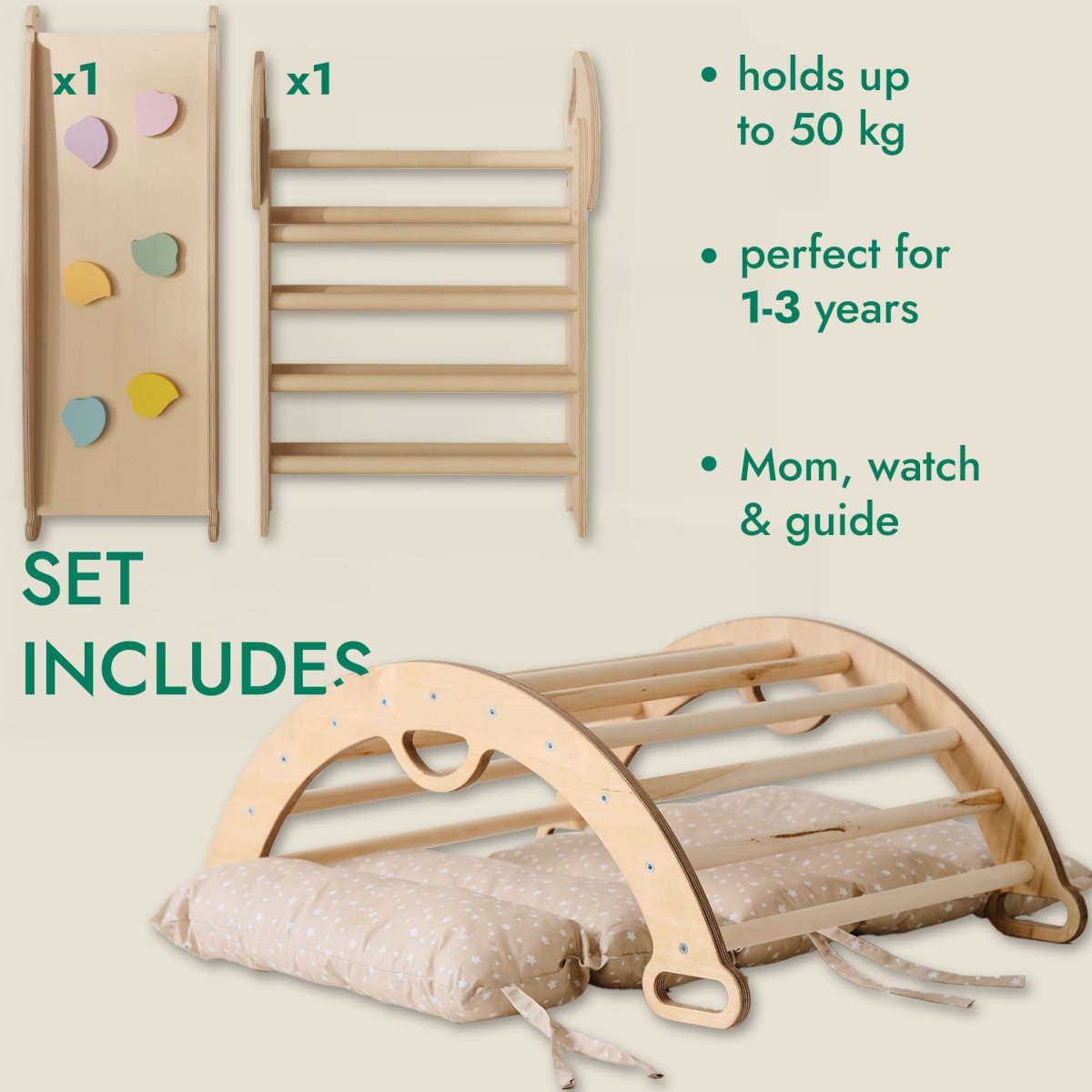 4 in 1 Montessori Climbing Set: Pikler Triangle, Arch, Slide Board, and Cushion for Toddlers (1–3 Years)