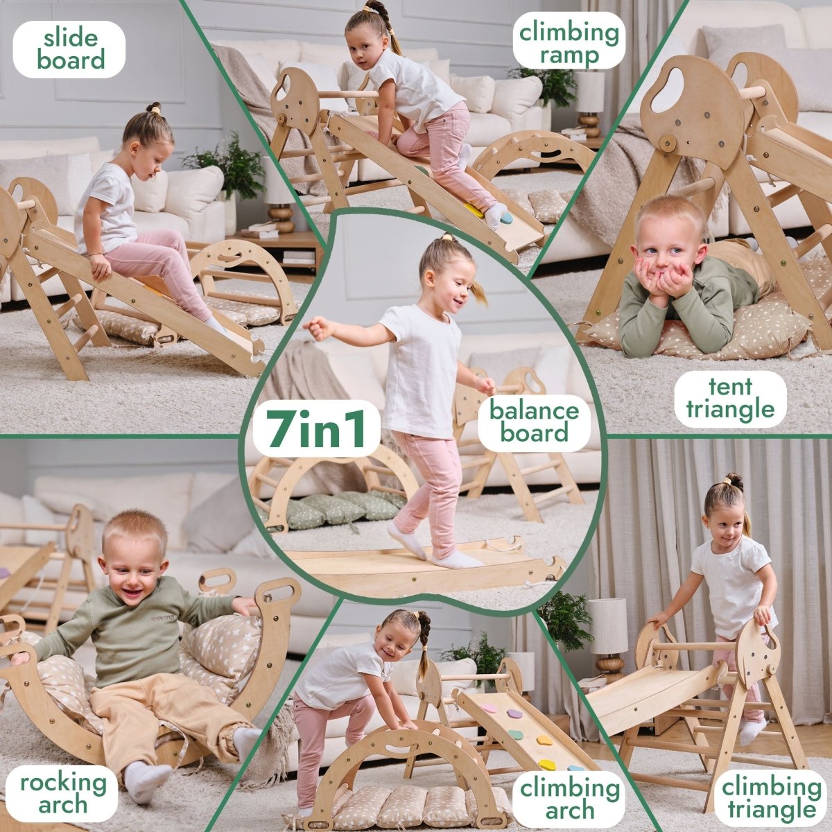 4 in 1 Montessori Climbing Set: Pikler Triangle, Arch, Slide Board, and Cushion for Toddlers (1–3 Years)