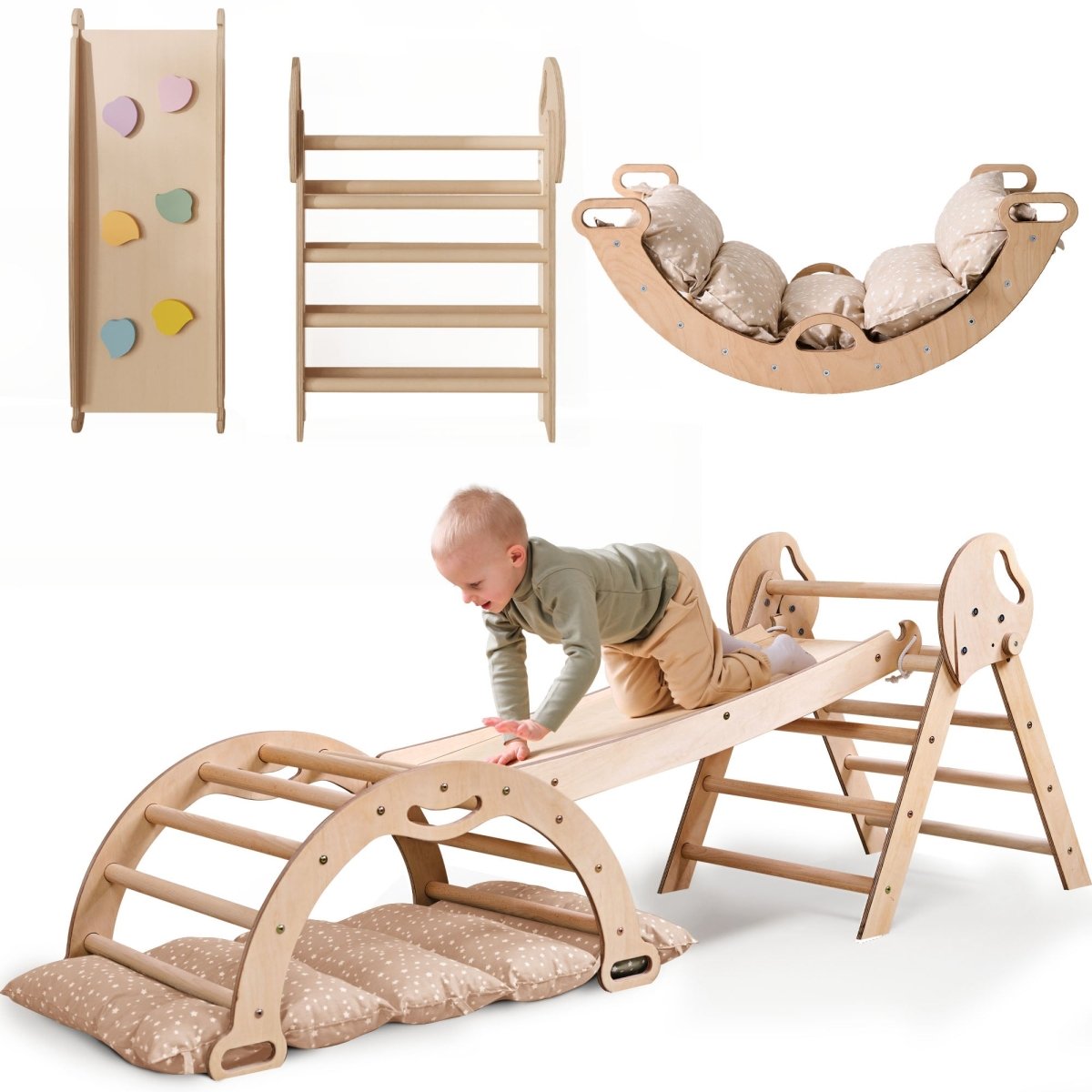 4 in 1 Montessori Climbing Set: Pikler Triangle, Arch, Slide Board, and Cushion for Toddlers (1–3 Years)