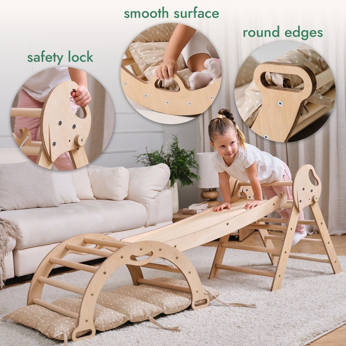 4 in 1 Montessori Climbing Set: Pikler Triangle, Arch, Slide Board, and Cushion for Toddlers (1–3 Years)
