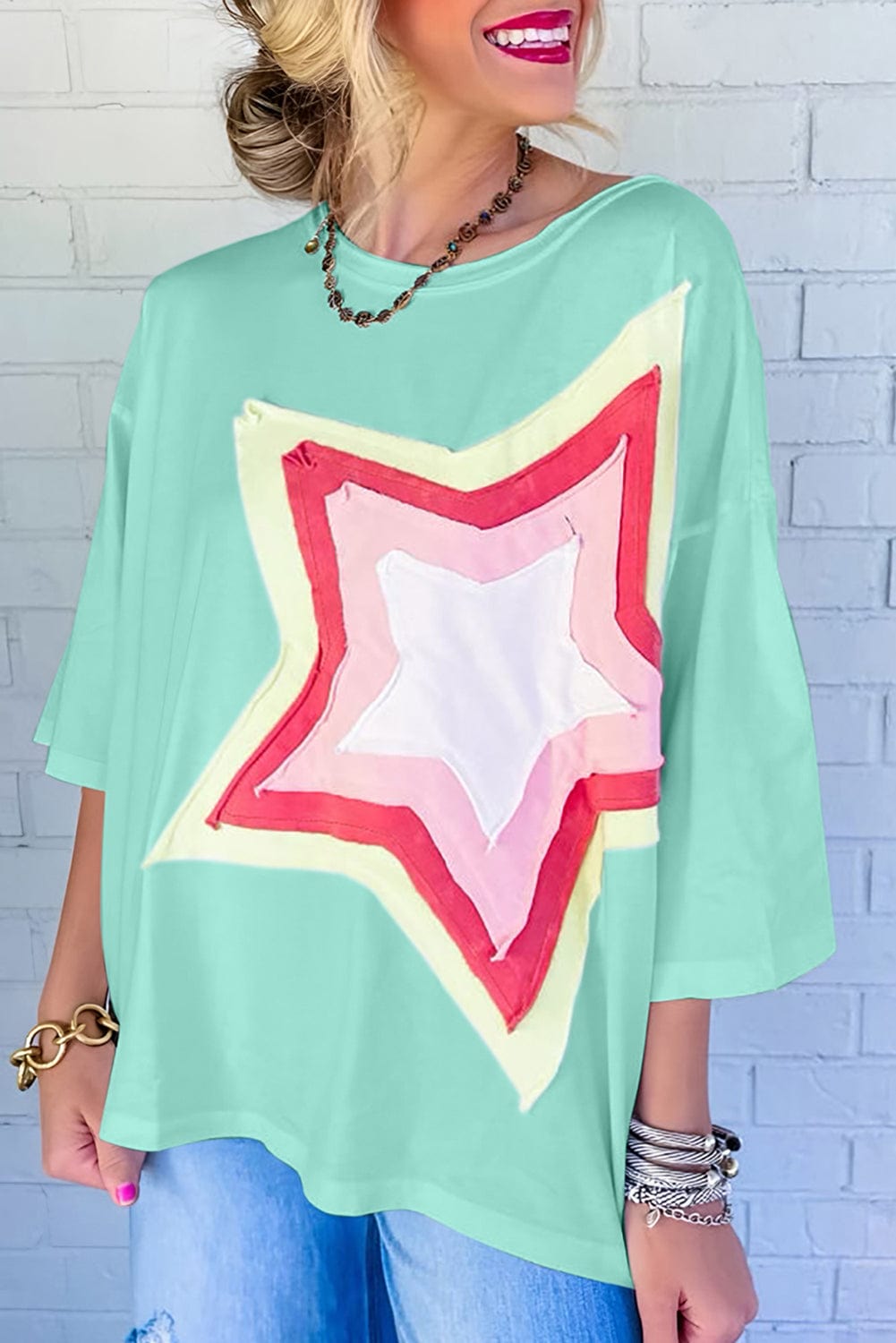 Mint Green Star Graphic Oversized Tee
