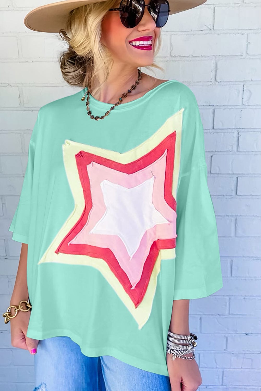 Mint Green Star Graphic Oversized Tee