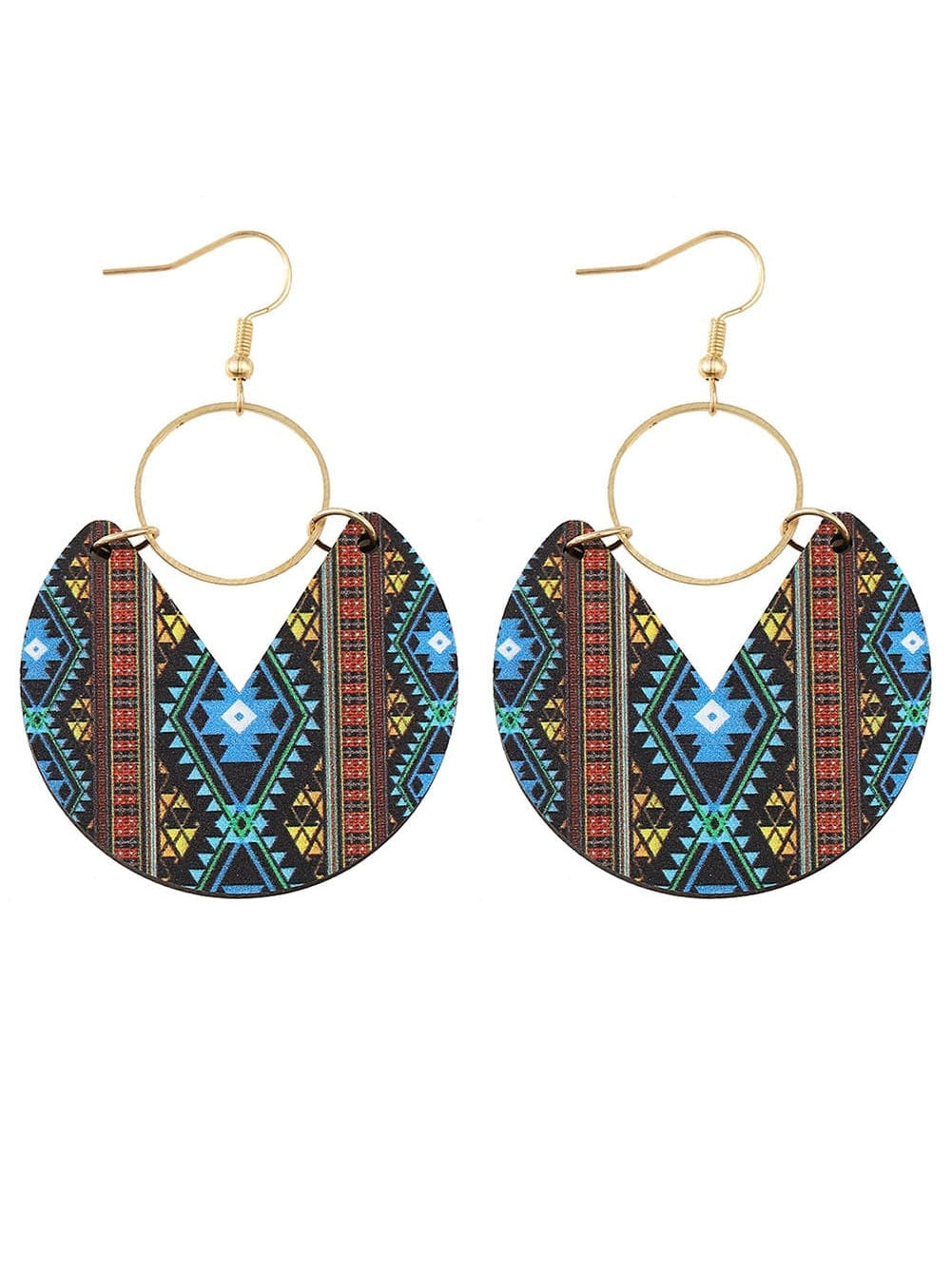 Aztec Circle Geometric Wooden Earrings with Multicolour Tribal Vibe