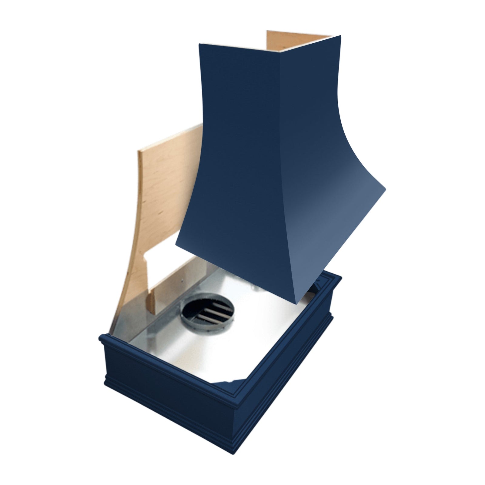 Navy Blue Wood Range Hood With Angled Front and Decorative Trim - 30