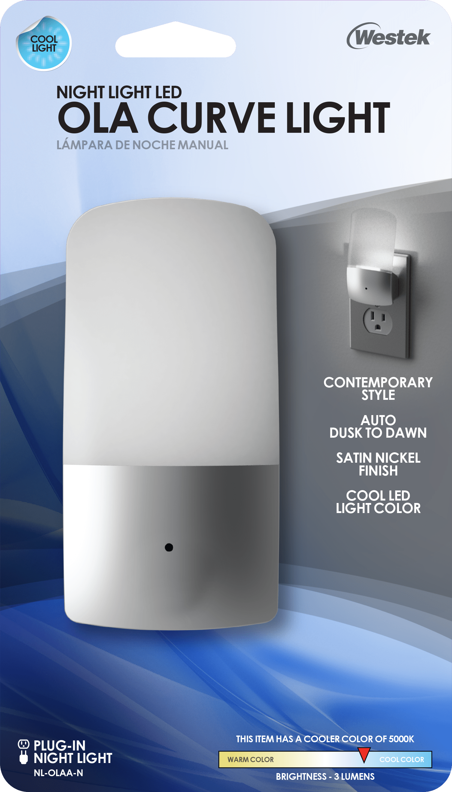Luz nocturna automática LED de níquel Ola