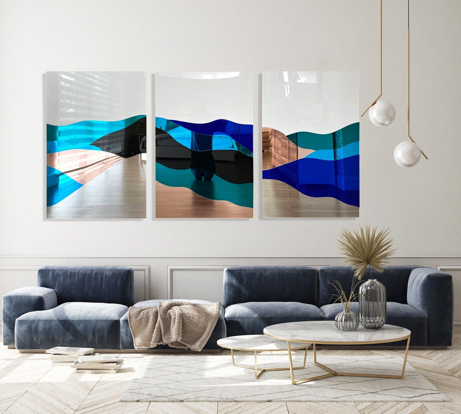 Oversized Contemporary Art Mirrored Mountain Wall Decor Set of 3