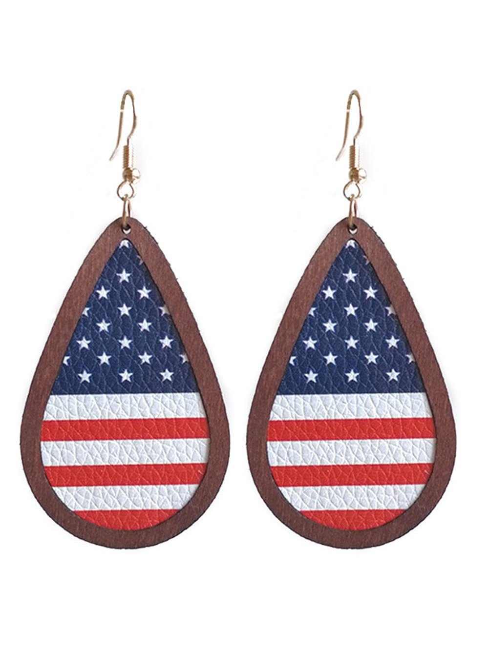 Patriotic American Flag Leather Earrings with Blue Wood Frame