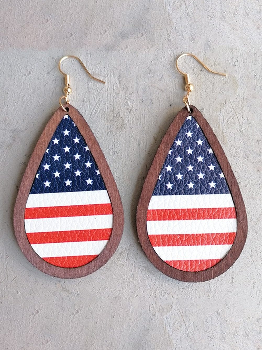 Patriotic American Flag Leather Earrings with Blue Wood Frame