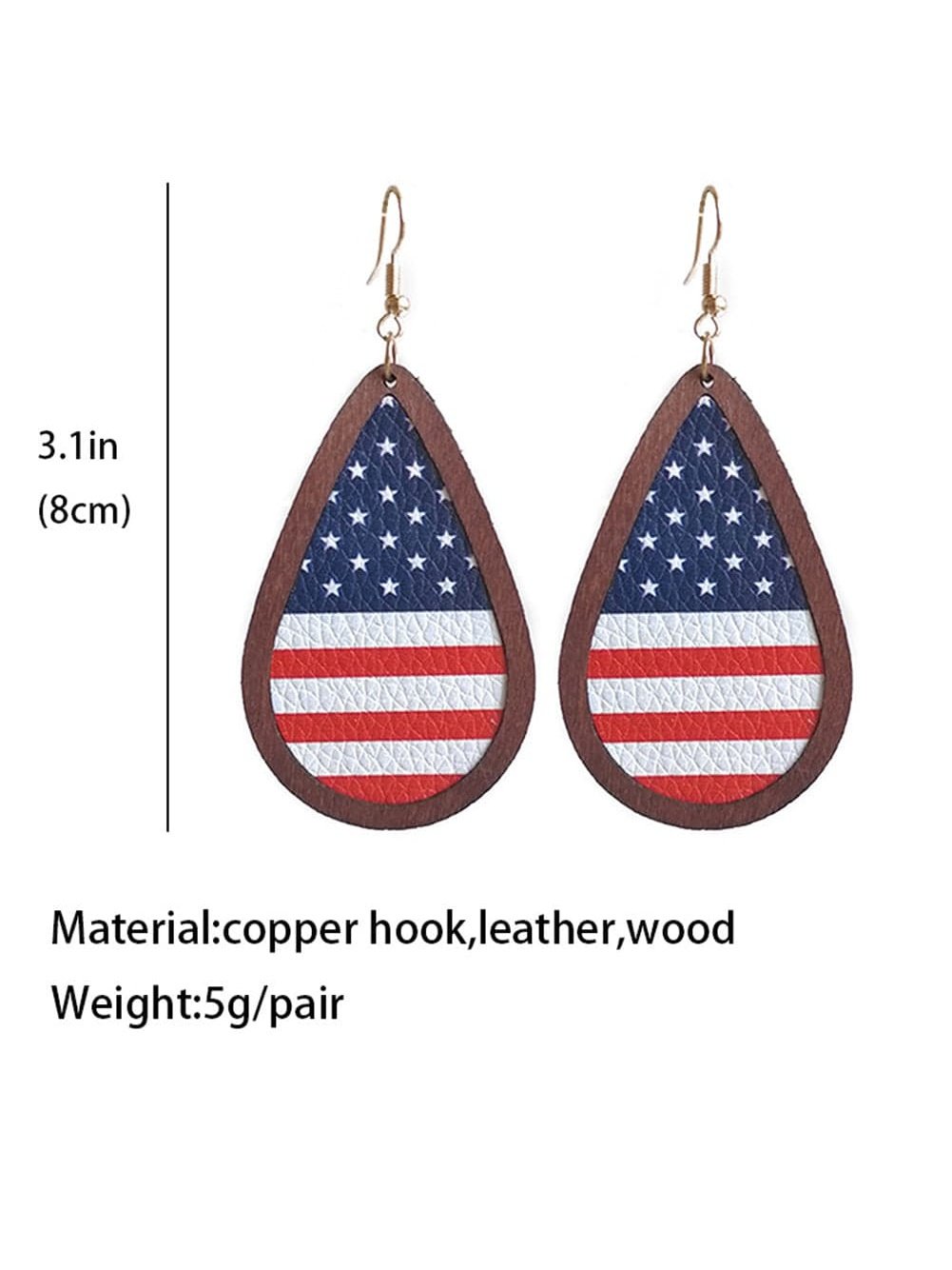 Patriotic American Flag Leather Earrings with Blue Wood Frame