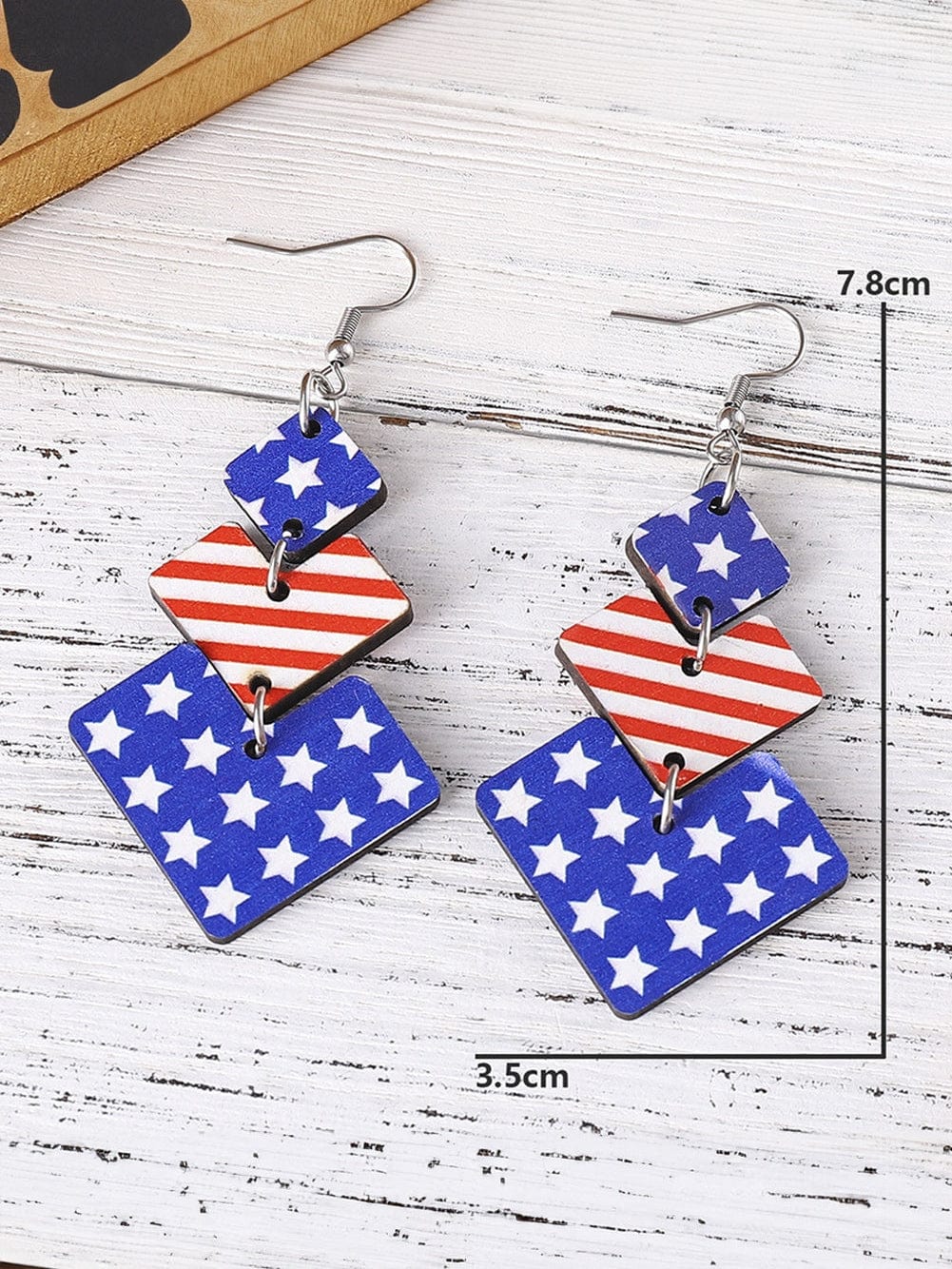 Patriotic Wooden Geometric Flag Dangle Earrings
