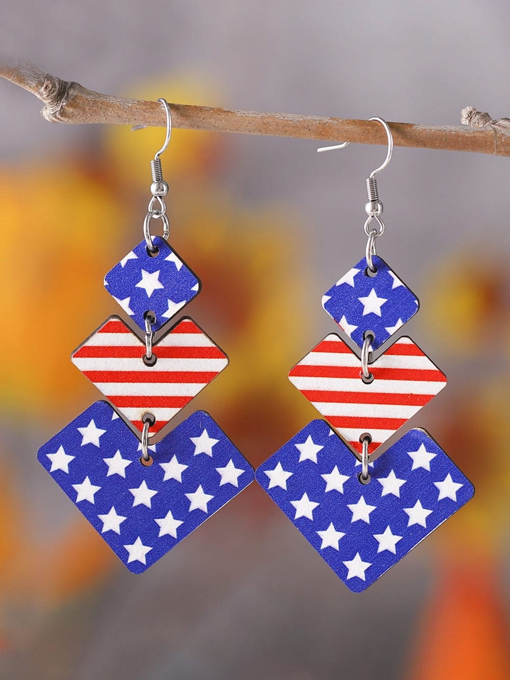 Patriotic Wooden Geometric Flag Dangle Earrings