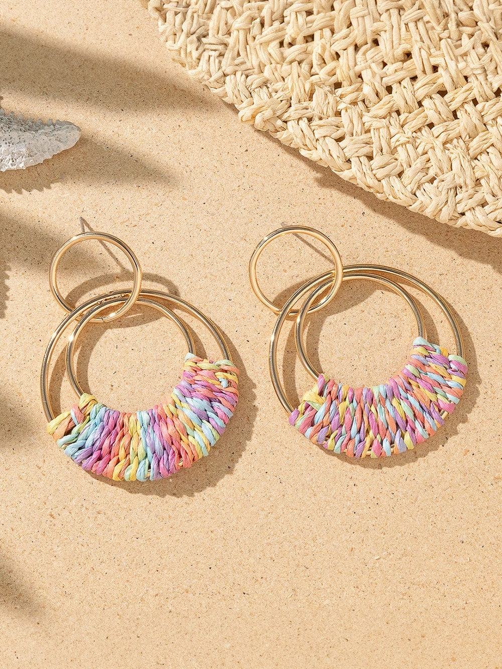 Pink Bohemian Raffia Round Earrings with Delicate Woven Design