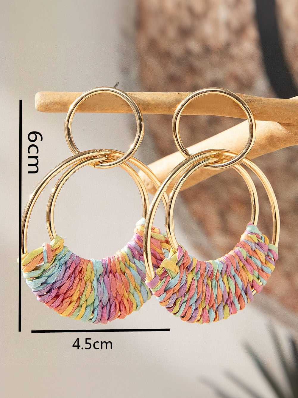 Pink Bohemian Raffia Round Earrings with Delicate Woven Design
