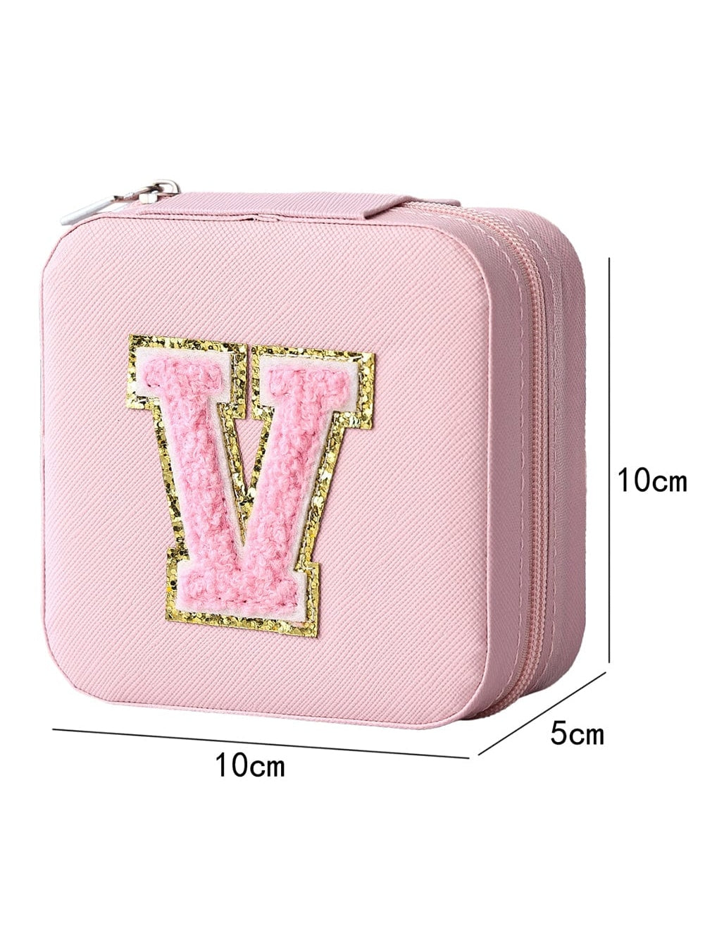 Pink Glitter Chenille Letter Mini Square Jewelry Box with Mirror
