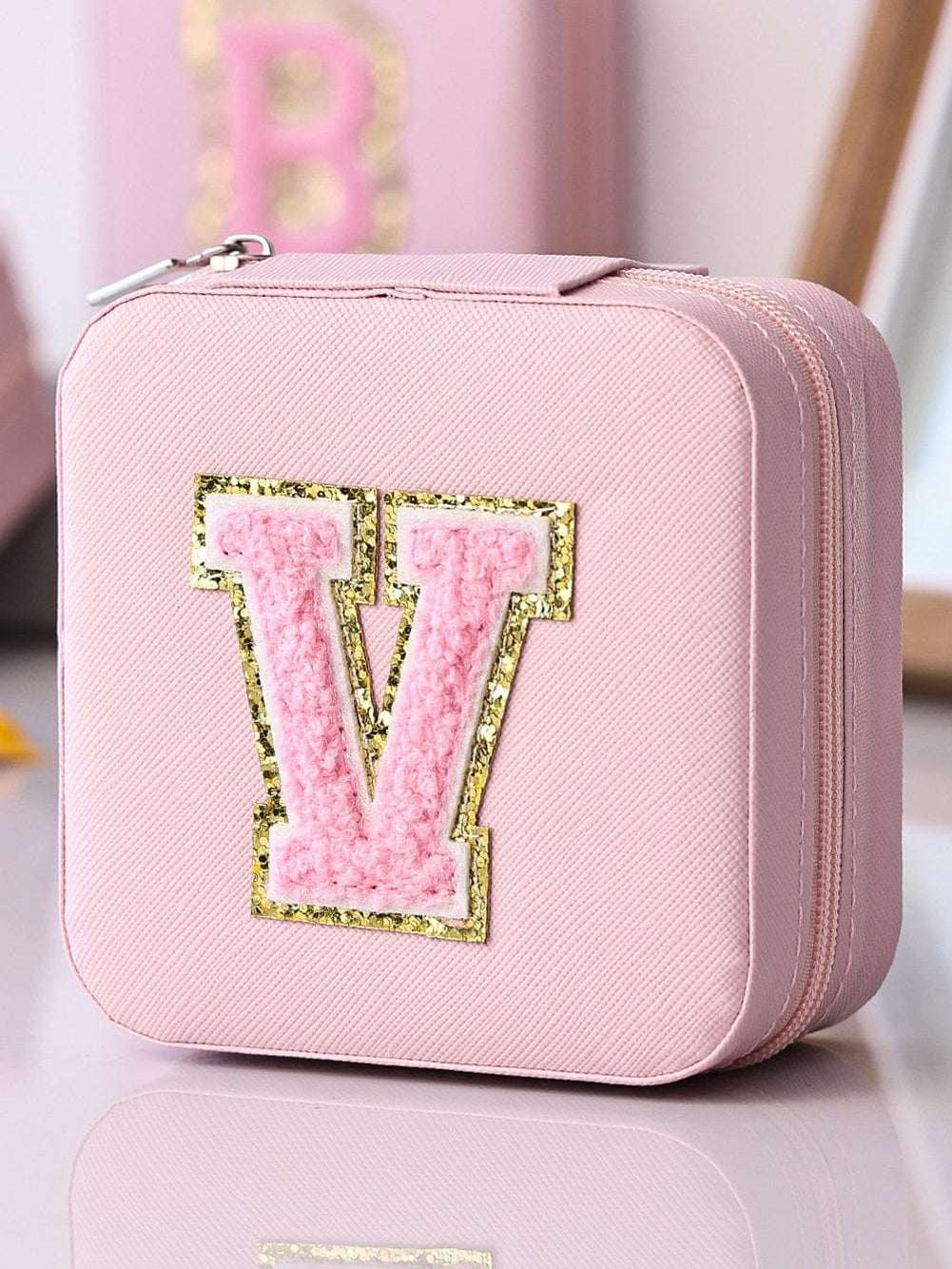Pink Glitter Chenille Letter Mini Square Jewelry Box with Mirror