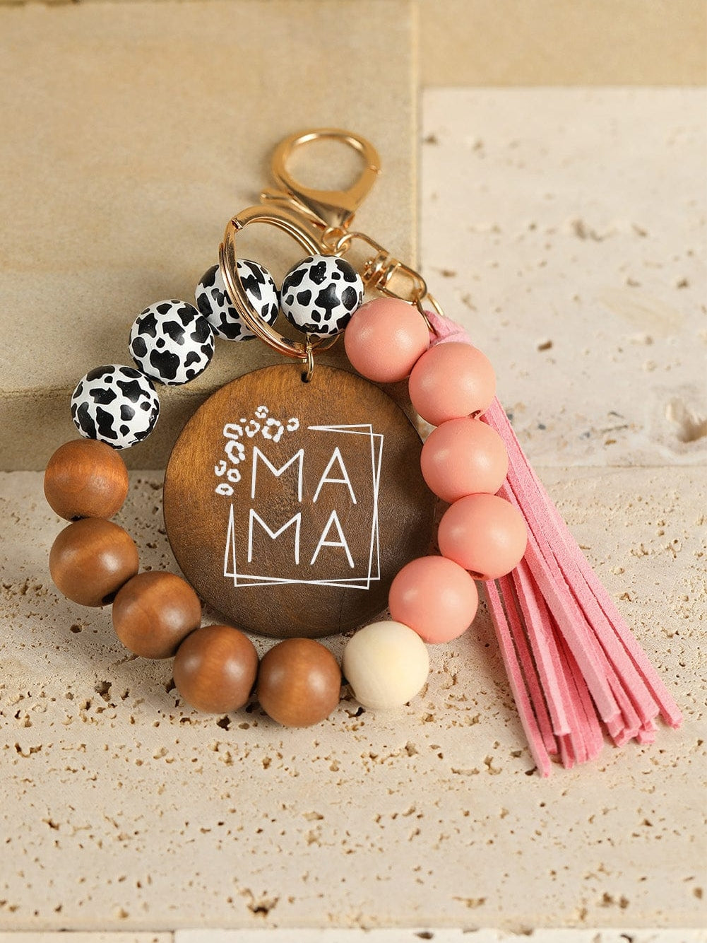 Leopard Fringe Mama Wood Beaded Keychain