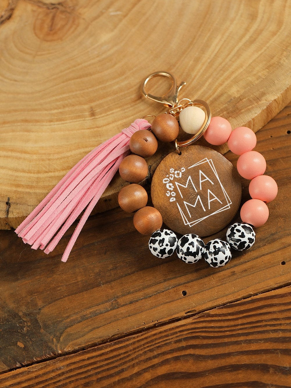 Leopard Fringe Mama Wood Beaded Keychain
