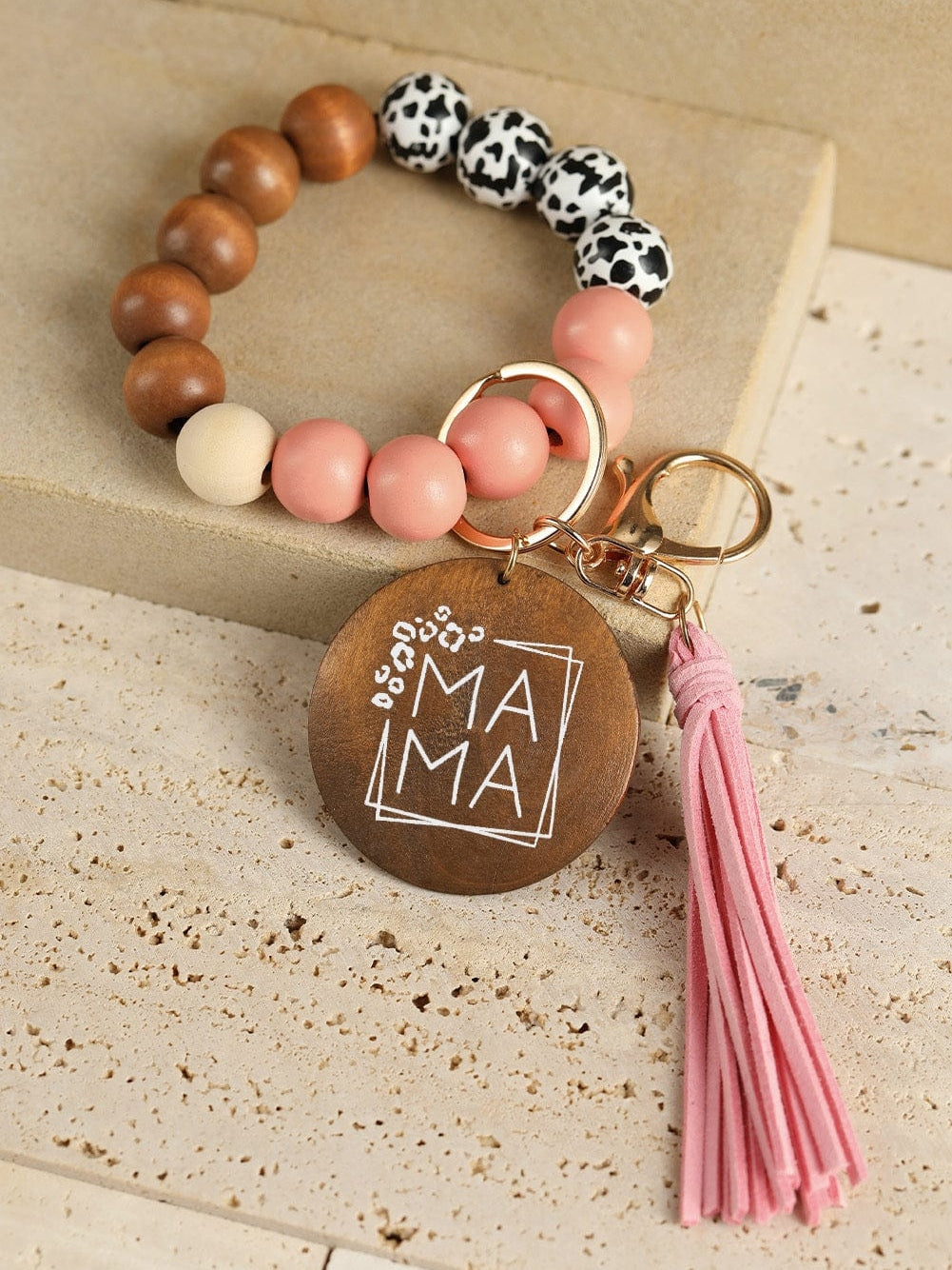 Leopard Fringe Mama Wood Beaded Keychain
