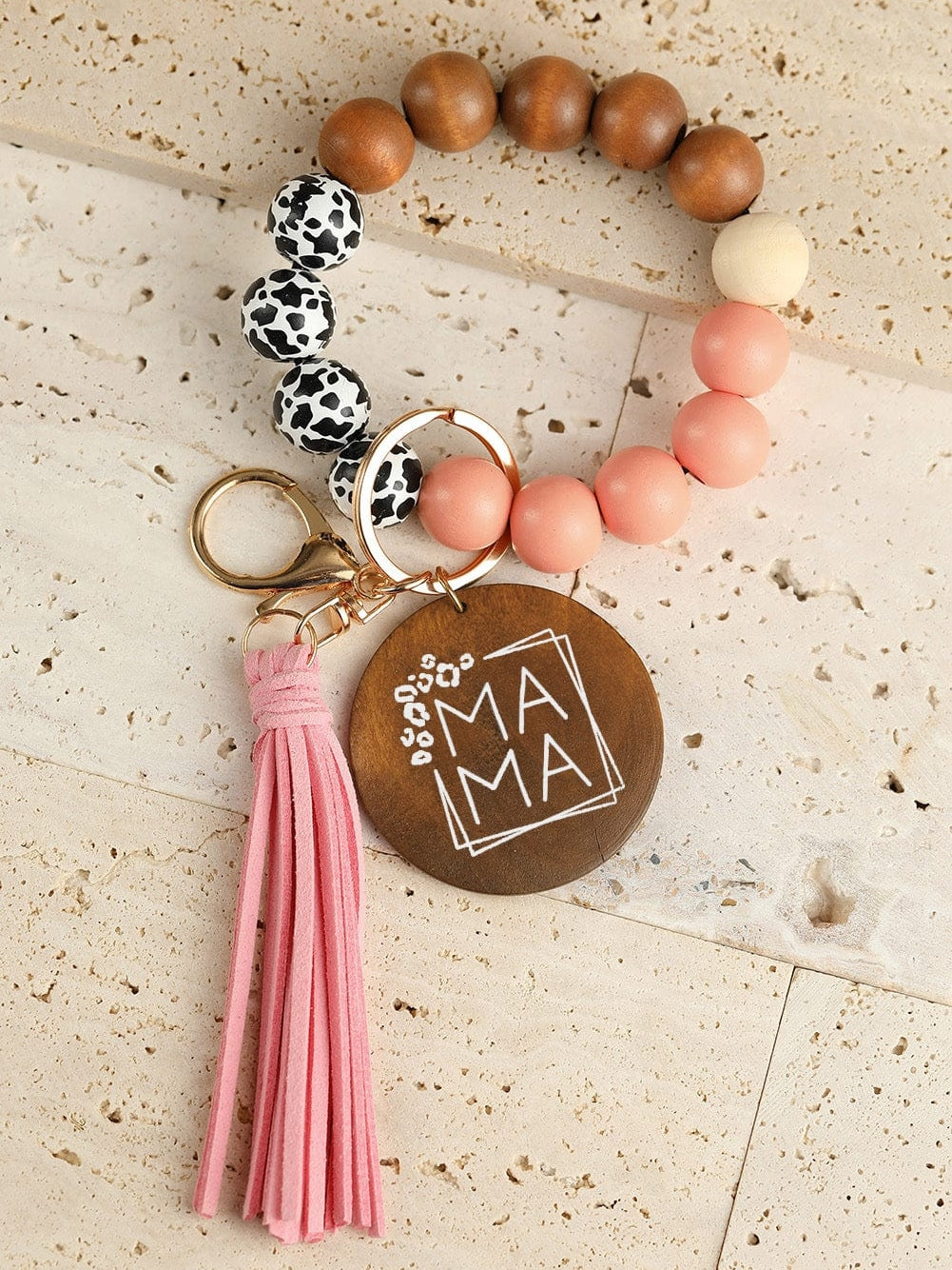 Leopard Fringe Mama Wood Beaded Keychain