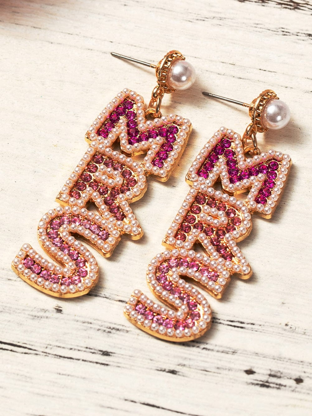 Pink Rhinestone Pearl MRS Studded Drop Earrings