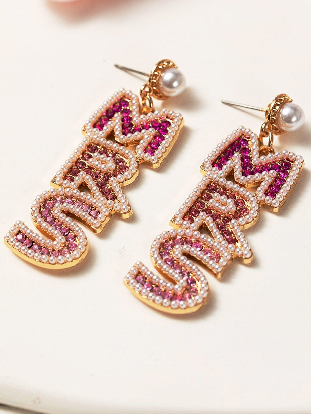 Pink Rhinestone Pearl MRS Studded Drop Earrings
