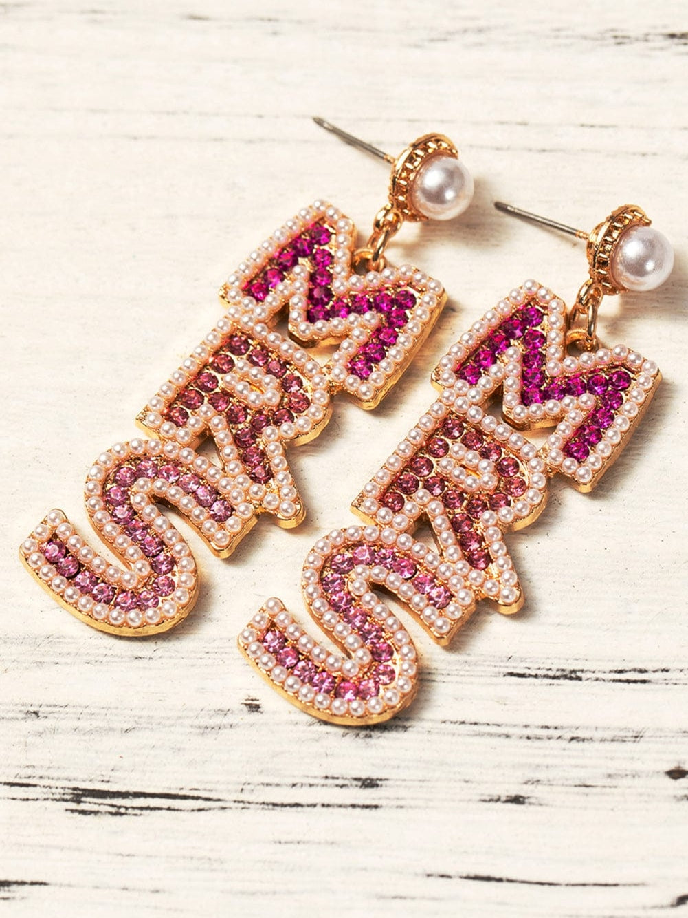 Pink Rhinestone Pearl MRS Studded Drop Earrings