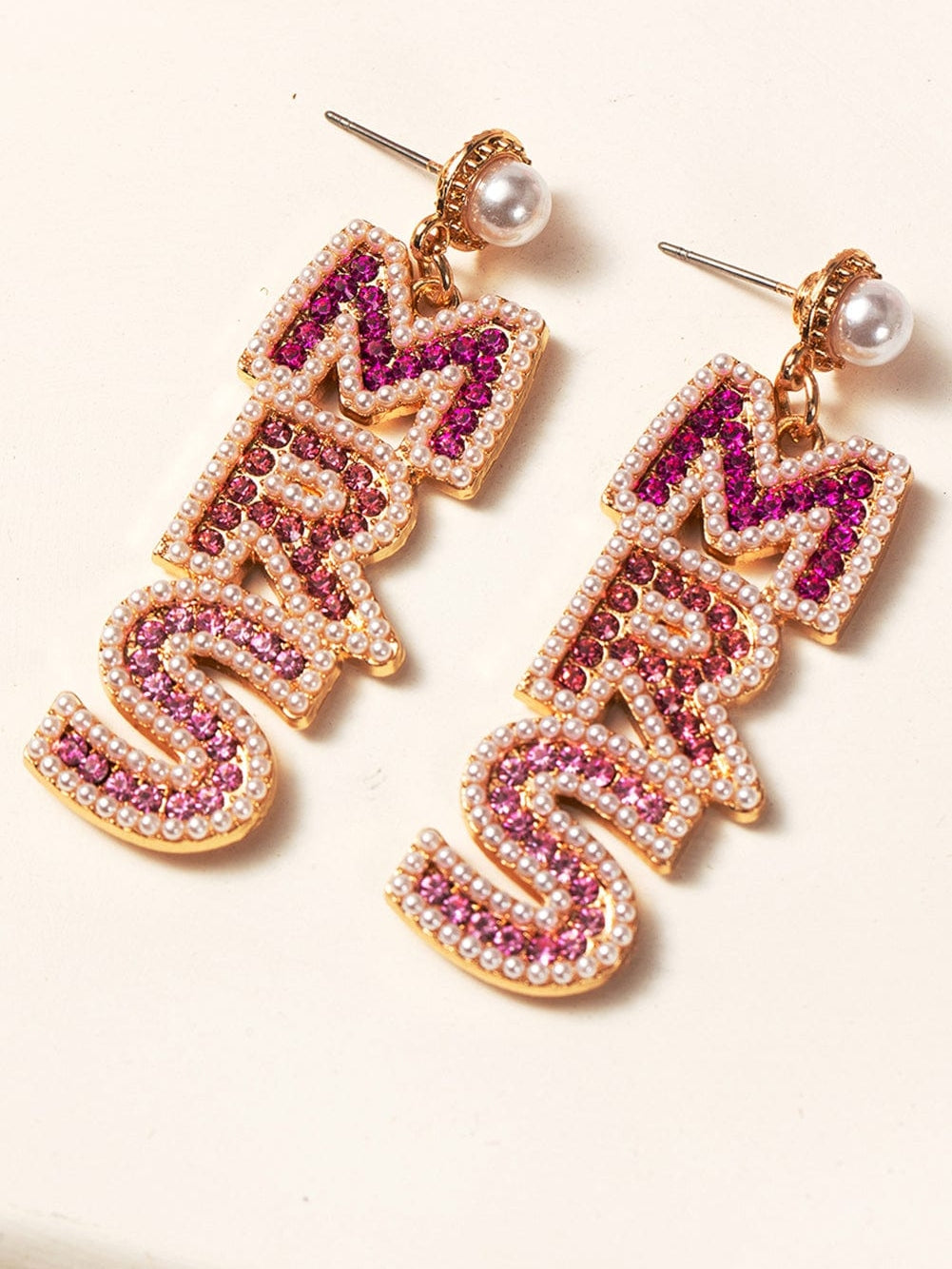 Pink Rhinestone Pearl MRS Studded Drop Earrings