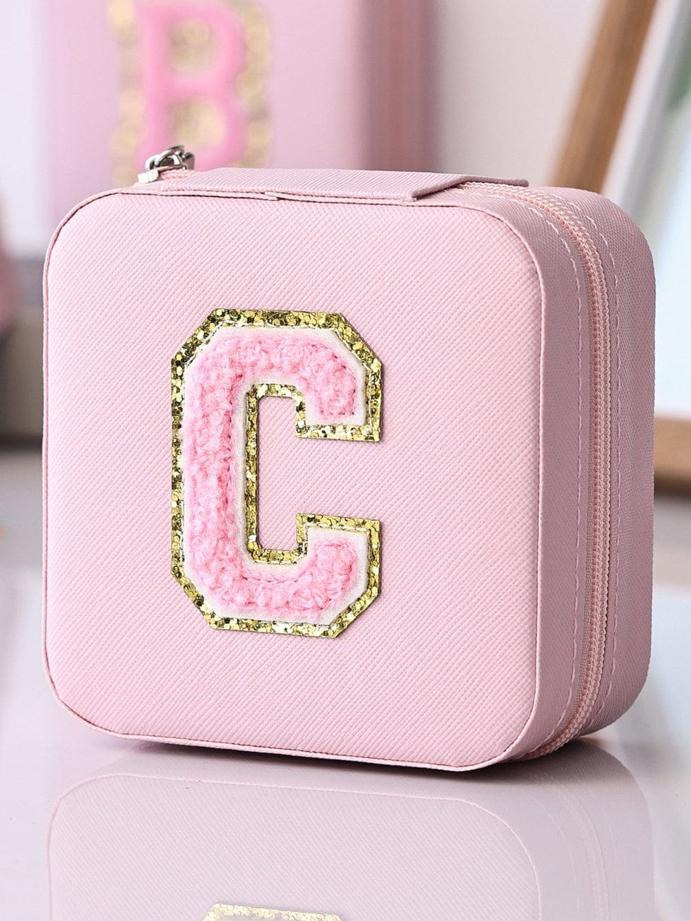 Pink Sequin Chenille Letter Travel Jewelry Organizer