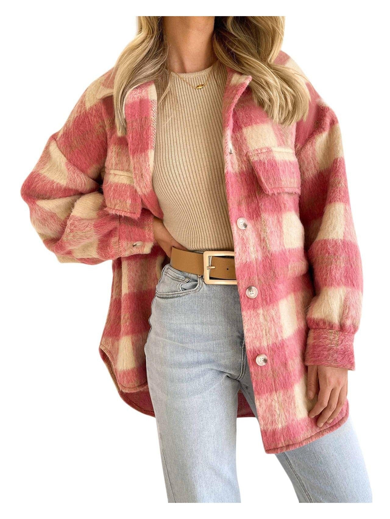 Oversized Fuzzy Plaid Jacket for Women